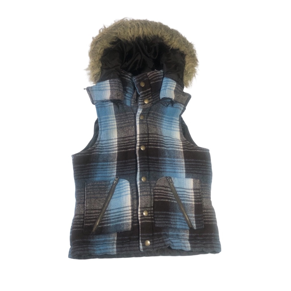Y2K Faux Fur Trim Hooded Wool Blend Plaid Vest Jacket Seventy Seven Medium M
